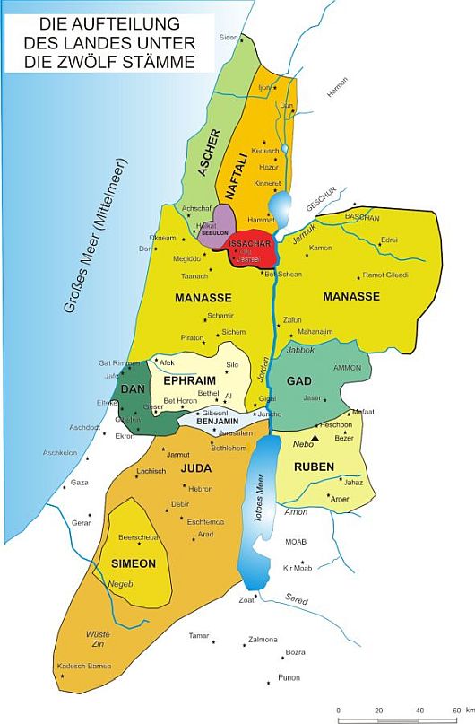 Bibelkarte: Aufteilung Israels auf die 12 St&auml;mme
